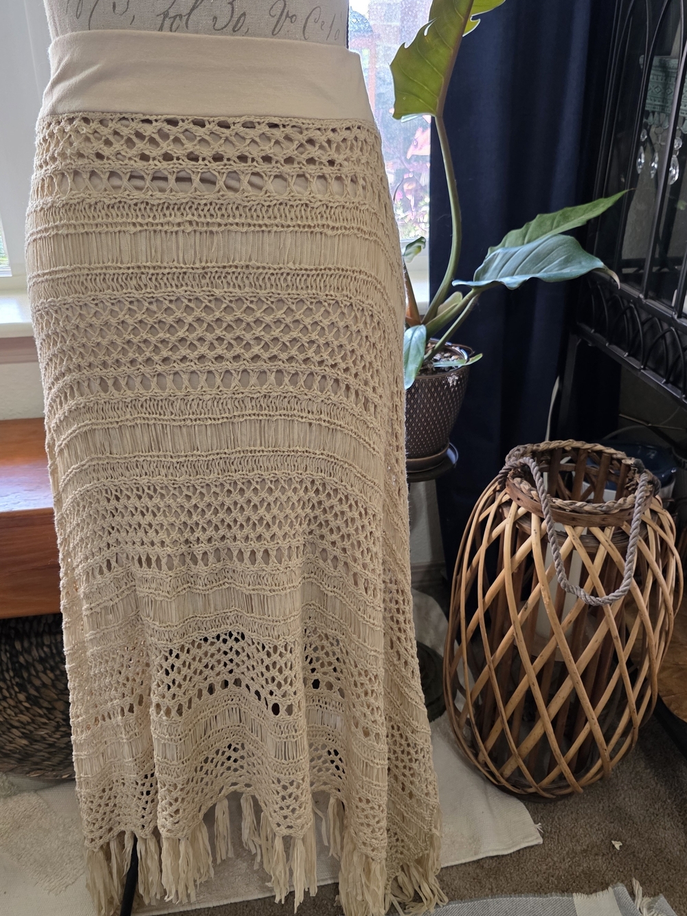 Chico's Cream Handkerchief Crochet Fringe Maxi Skirt